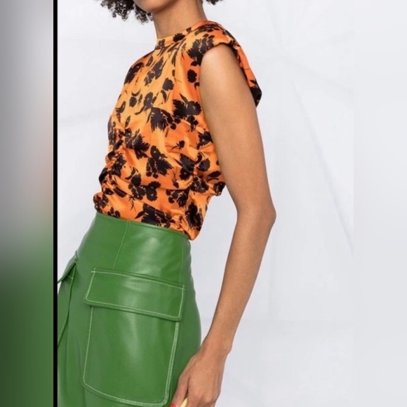 GANNI silk orange and black stretch floral print ruched size M - Picture 3 of 13